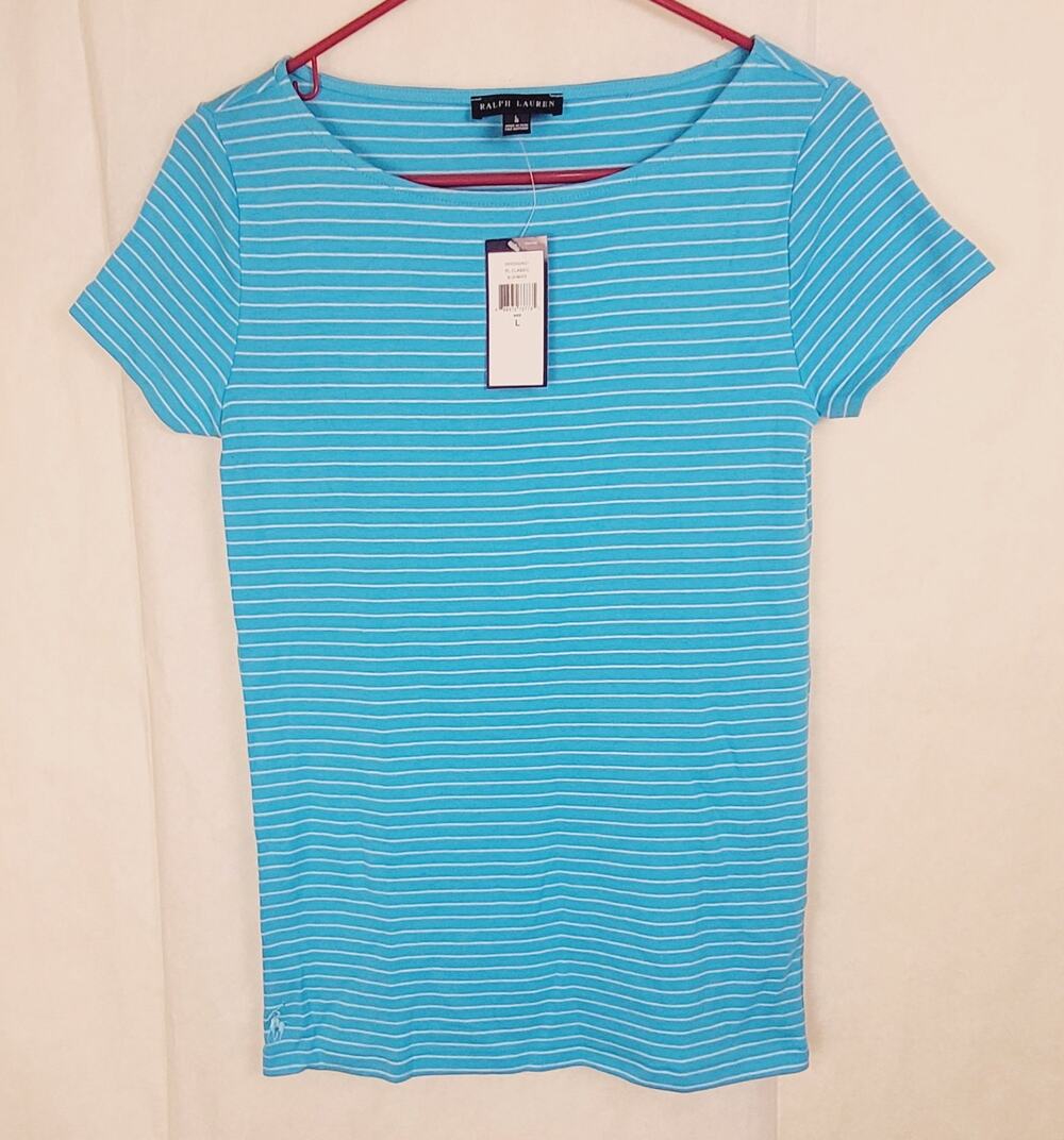 New Ralph Lauren blue and white striped classic tshirt Large Preppy Coastal